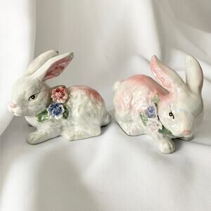 Vintage Ceramic Bunny Figurines - Floral Accented Rabbit Pair